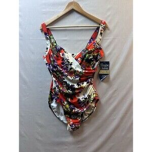 Shape Solver Tummy Control Shirred Floral One Piece Swimsuit Red Purple Women 16